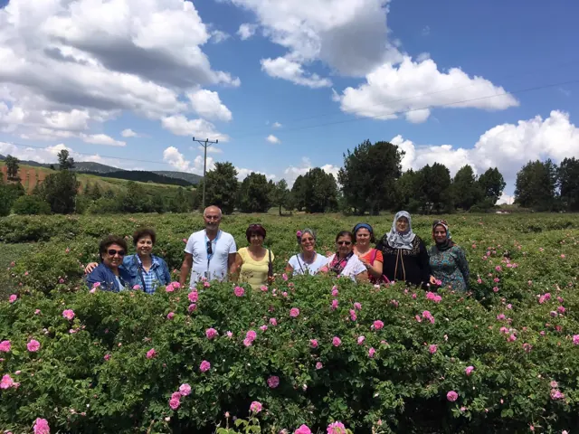 A tour group pausing among wildflowers in the countryside.